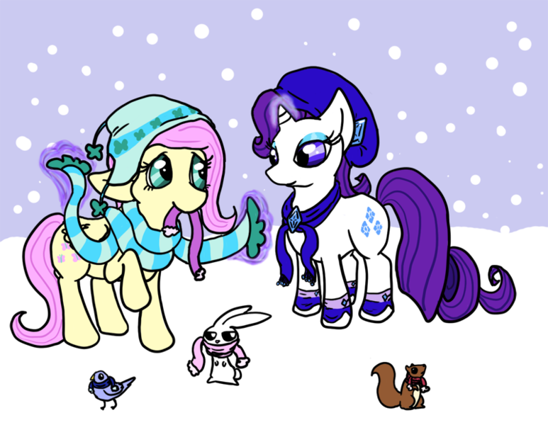 Size: 800x621 | Tagged: safe, artist:violetmagician, derpibooru import, angel bunny, fluttershy, rarity, clothes, scarf, snow, snowfall, winter