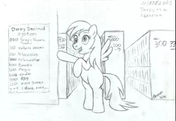 Size: 1140x783 | Tagged: artist needed, safe, derpibooru import, derpy hooves, pegasus, pony, book, female, librarian, library, mare, monochrome, solo, traditional art