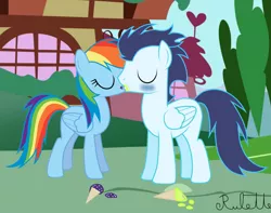 Size: 1024x807 | Tagged: safe, artist:rulette, derpibooru import, rainbow dash, soarin', pegasus, pony, blushing, eyes closed, female, ice cream, kissing, male, mare, shipping, soarindash, stallion, straight