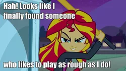 Size: 1920x1080 | Tagged: safe, derpibooru import, edit, edited screencap, screencap, sunset shimmer, equestria girls, 80s, caption, image macro, insanity, meme, quote, sledgehammer, solo, streets of fire, willem dafoe