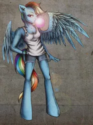 Size: 1424x1916 | Tagged: anthro, artist:pingwinowa, bubblegum, clothes, derpibooru import, lens flare, piercing, rainbow dash, safe, solo