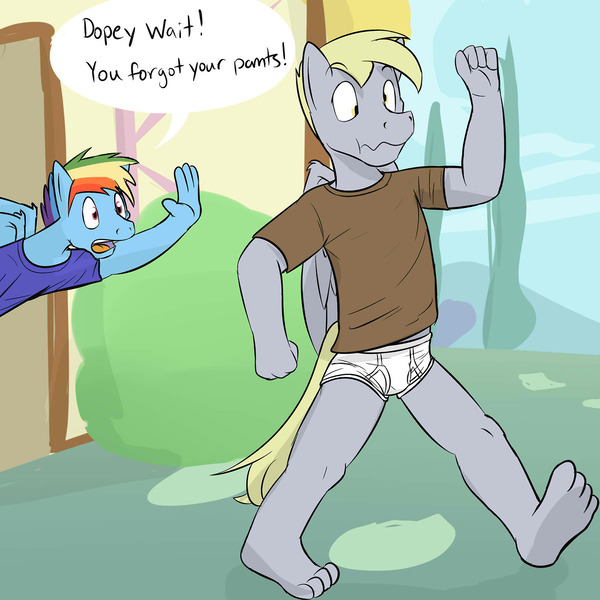Size: 1280x1280 | Tagged: anthro, artist:fuzebox, briefs, clothes, derpibooru import, derpy hooves, dopey hooves, male, males only, outdoors, plantigrade anthro, questionable, rainbow blitz, rainbow dash, rule 63, shirt, speech bubble, stallion, tighty whities, toes, underwear, walking