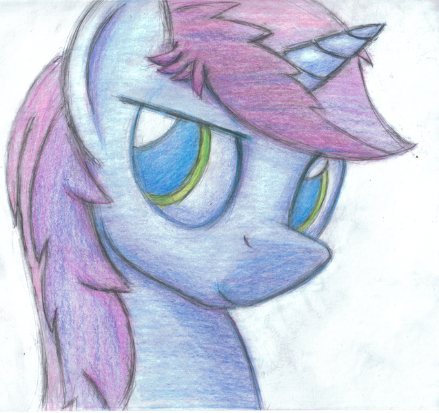 Size: 2631x2480 | Tagged: dead source, safe, artist:aemantaslim, derpibooru import, oc, oc:gyro tech, unofficial characters only, pony, unicorn, colored pencil drawing, male, portrait, solo, stallion, traditional art