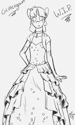 Size: 1156x1920 | Tagged: anthro, artist:overkenzie, clothes, crossdressing, cute, dress, glitter shell, gown, monochrome, necklace, safe, sketch, snails, solo, wip