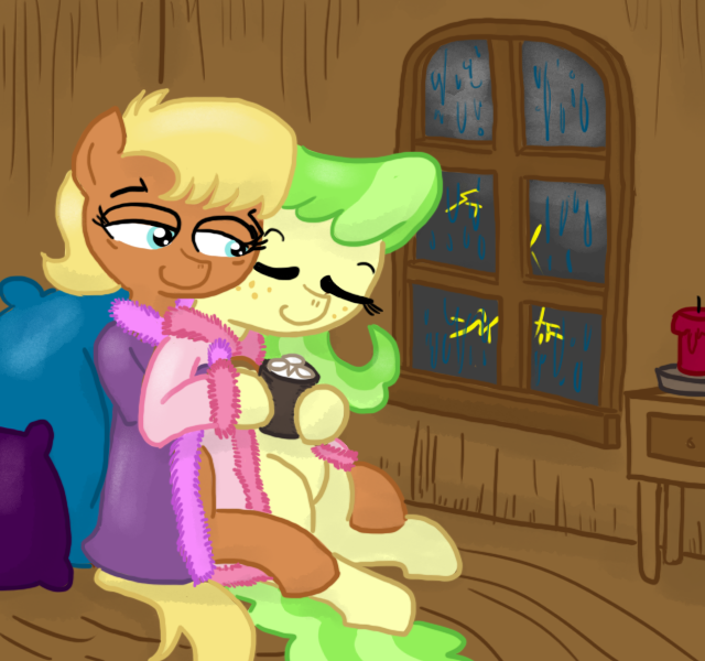 Size: 640x600 | Tagged: artist:ficficponyfic, bedroom eyes, chickadee, cuddling, eyes closed, female, harshbottom, hot chocolate, lesbian, ms. harshwhinny, ms. peachbottom, safe, sitting, snuggling, spooning, thunderstorm