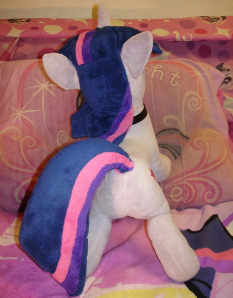 Size: 1536x1970 | Tagged: artist needed, bed, collar, derpibooru import, irl, jin, photo, plushie, presenting, raised tail, suggestive, twilight sparkle