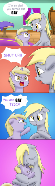 Size: 517x1754 | Tagged: safe, artist:doublewbrothers, derpibooru import, edit, derpy hooves, dinky hooves, pegasus, pony, exploitable, female, gay, male, mare, wat