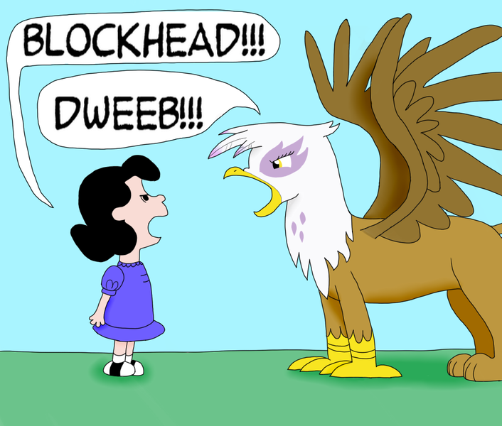 Size: 1000x850 | Tagged: safe, artist:allonsbro, derpibooru import, gilda, gryphon, angry, blockhead, crossover, dweeb, lucy van pelt, peanuts, spread wings, yelling