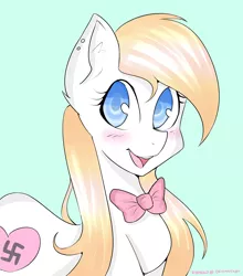 Size: 3300x3750 | Tagged: safe, artist:kyuniko, derpibooru import, oc, oc:aryanne, unofficial characters only, pony, blonde, blushing, bow, bowtie, cute, ear fluff, female, heart, nazi, piercing, solo, swastika
