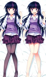 Size: 700x1175 | Tagged: artist:megarexetera, barefoot, bed, blushing, body pillow, body pillow design, clothes, derpibooru import, feet, female, human, humanized, miniskirt, nervous, open mouth, pantyhose, safe, schoolgirl, school uniform, shirt, skirt, smiling, solo, tights, twilight sparkle, vest