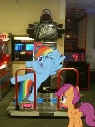 Size: 1536x2048 | Tagged: arcade, artist:dreamcasterpegasus, artist:proenix, artist:tamalesyatole, dance dance revolution, derpibooru import, irl, photo, plot, ponies in real life, rainbow dash, rhythm game, safe, scootaloo, vector, wink