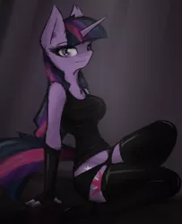 Size: 756x931 | Tagged: suggestive, artist:ninjapony, derpibooru import, twilight sparkle, anthro, breasts, busty twilight sparkle, clothes, female, fingerless elbow gloves, fingerless gloves, gloves, image, latex, latex gloves, latex stockings, looking at you, panties, png, shoulder fluff, socks, solo, solo female, stockings, tanktop, thigh highs, underwear