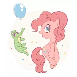 Size: 500x500 | Tagged: safe, artist:raichi, derpibooru import, gummy, pinkie pie, earth pony, pony, abstract background, balloon, confetti, cute, diapinkes, duo, female, mare, open mouth