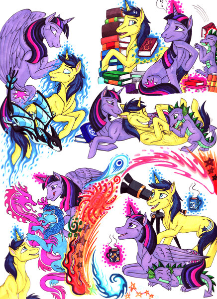 Size: 2511x3459 | Tagged: safe, artist:whitefangkakashi300, derpibooru import, comet tail, spike, twilight sparkle, twilight sparkle (alicorn), alicorn, pony, book, cometlight, female, magic, male, mare, shipping, straight, telescope