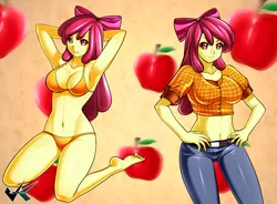 Size: 1000x735 | Tagged: apple bloom, armpits, artist:jadenkaiba, barefoot, belly button, bikini, breasts, busty apple bloom, clothes, feet, female, human, humanized, jeans, midriff, older, pony coloring, solo, solo female, suggestive, swimsuit