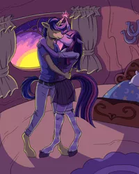 Size: 1350x1688 | Tagged: anthro, artist:catsncupcakes, bed, clothes, cometlight, comet tail, crack shipping, derpibooru import, female, horns are touching, kissing, male, safe, shipping, straight, twilight sparkle