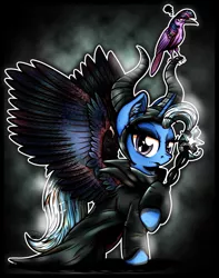 Size: 1865x2368 | Tagged: safe, artist:gray--day, derpibooru import, trixie, twilight sparkle, alicorn, bird, crow, pony, birdified, clothes, diablo, frown, glare, horns, lidded eyes, looking at you, maleficent, parody, race swap, raised hoof, robe, species swap, spread wings, staff, twilight is not amused, unamused