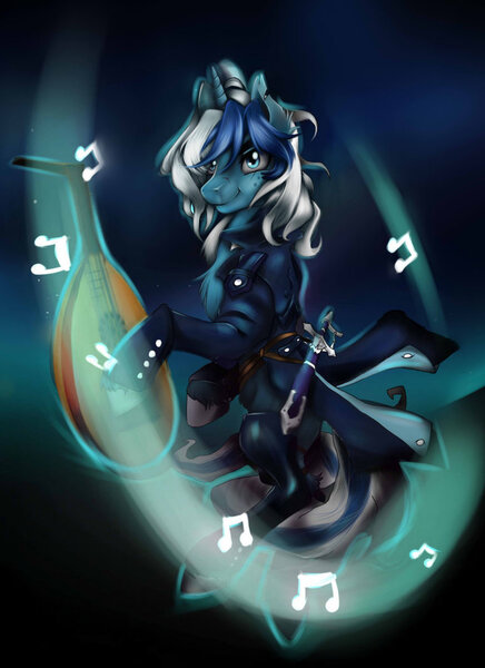 Size: 762x1048 | Tagged: safe, artist:anightlypony, derpibooru import, oc, oc:nightly, unofficial characters only, pony, unicorn, blue, clothes, lute, magic, male, solo, stallion, sword