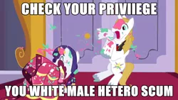 Size: 1000x562 | Tagged: safe, derpibooru import, edit, edited screencap, screencap, prince blueblood, rarity, pony, unicorn, the best night ever, cake, clothes, dress, gala dress, image macro, inner thigh cutie mark, meme, messy, misspelling, open mouth, sexism, social justice, social justice warrior, tumblr, wide eyes