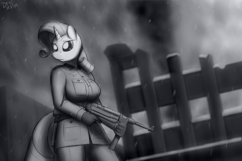 Size: 1920x1280 | Tagged: anthro, artist:devs-iratvs, big breasts, breasts, busty rarity, clothes, derpibooru import, female, grayscale, gun, monochrome, mp40, rarinazi, rarity, safe, solo, submachinegun, uniform, weapon, wehrmacht