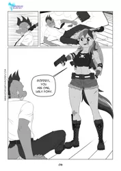 Size: 1024x1448 | Tagged: anthro, artist:pia-sama, belly button, comic, comic:rogue diamond, gun, m1911, midriff, monochrome, pistol, rainbow dash, revy dash, safe, spike