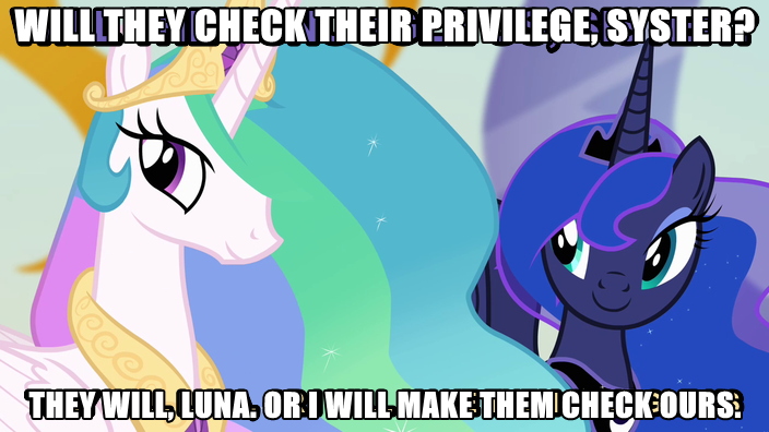 Size: 704x396 | Tagged: check your privilege, feminism, grammar error, image macro, meme, misspelling, parody, princess celestia, princess luna, safe, tumblr feminism