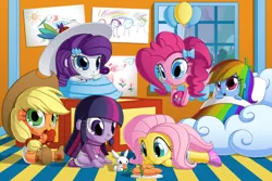 Size: 800x533 | Tagged: safe, artist:berrypawnch, derpibooru import, angel bunny, applejack, fluttershy, pinkie pie, rainbow dash, rarity, twilight sparkle, equestria girls, apple, babity, baby, baby dash, baby pie, babyjack, babylight sparkle, babyshy, ball, bed, berrypawnch is trying to murder us, carrot, cute, dashabetes, diaper, diapinkes, eating, floating, foal, hat, jackabetes, looking at you, mane six, nom, raribetes, shyabetes, sitting, smiling, twiabetes, weapons-grade cute, younger
