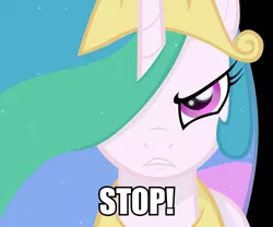 Size: 979x816 | Tagged: safe, artist:ladynoob, derpibooru import, edit, princess celestia, alicorn, pony, angry, black background, bust, colored pupils, female, frown, glare, gritted teeth, hair over one eye, image macro, jontron, looking at you, mare, meme, portrait, reaction image, simple background, solo, stop