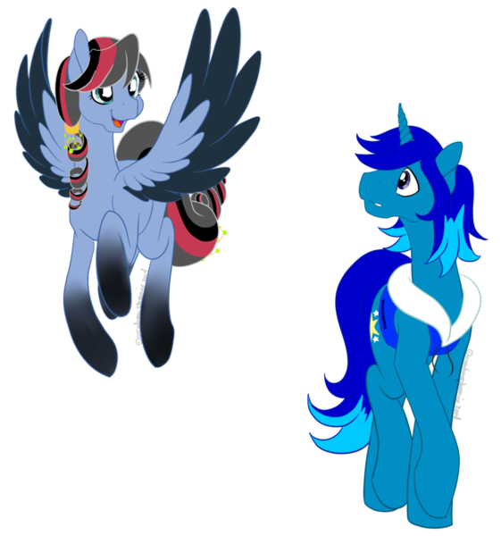 Size: 800x855 | Tagged: safe, artist:arcadianphoenix, derpibooru import, oc, oc:dusk spark, oc:light shine, unofficial characters only, crystal pony, pegasus, pony, unicorn, adoptable, clothes, commission, female, greeting, jacket, male, mare, meeting, stallion