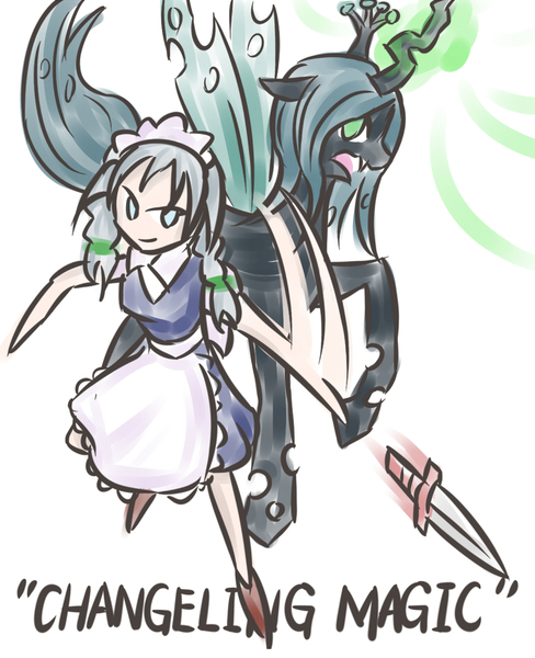 Size: 768x945 | Tagged: artist:sonicdramon, changeling, izayoi sakuya, queen chrysalis, safe, touhou