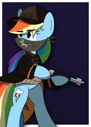 Size: 2806x3895 | Tagged: safe, artist:dahhez, derpibooru import, rainbow dash, pony, aiden pearce, bandana, bipedal, cosplay, crossover, female, gun, mare, mask, shotgun, simple background, solo, watch dogs, weapon, wingless