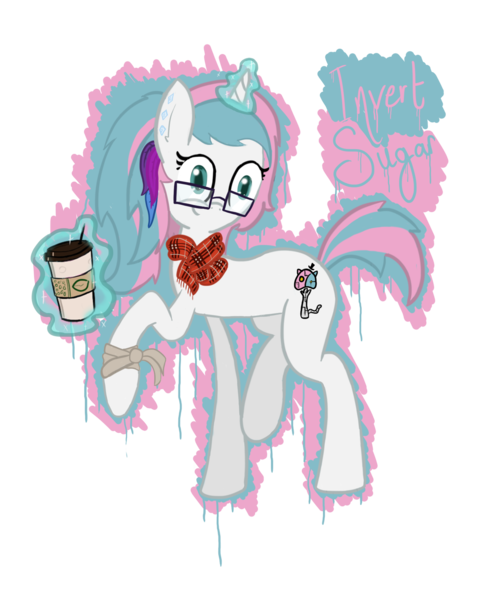 Size: 1684x2041 | Tagged: safe, artist:zacproductions, derpibooru import, oc, oc:invert sugar, unofficial characters only, clothes, coffee, ear piercing, feather, glasses, magic, paint splatter, rarity earrings, scarf, solo, technicalogical