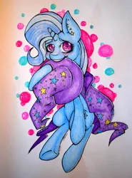 Size: 769x1039 | Tagged: safe, artist:paint-splatters, derpibooru import, trixie, pony, unicorn, blushing, bubble, colored, cute, diatrixes, earring, female, looking at you, mare, mouth hold, piercing, sitting, smiling, solo, traditional art, underhoof