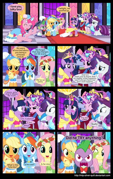 Size: 2000x3152 | Tagged: safe, artist:mlp-silver-quill, derpibooru import, applejack, fluttershy, pinkie pie, princess cadance, rainbow dash, rarity, shining armor, spike, twilight sparkle, twilight sparkle (alicorn), oc, oc:clutterstep, alicorn, pony, comic:a princess' tears, angry, blushing, clothes, comic, dress, female, fourth wall, mane seven, mane six, mare, overprotective, scrunchy face, speech bubble