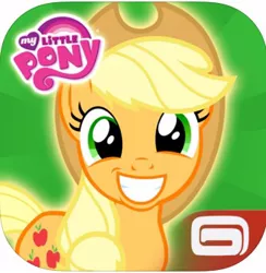 Size: 336x344 | Tagged: app, app icon, applejack, cute, derpibooru import, gameloft, happy, jackabetes, my little pony logo, safe, smiling, solo
