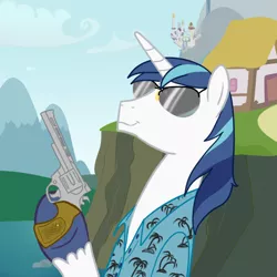 Size: 600x600 | Tagged: artist:hudoyjnik, clothes, derpibooru import, grand theft auto, gta vice city, gun, hoof hold, revolver, safe, shining armor, shirt, smirk, solo, sunglasses, tommy vercetti, weapon, who needs trigger fingers