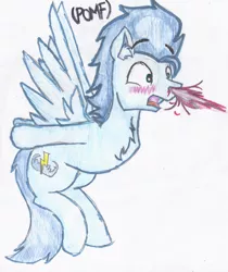 Size: 1024x1219 | Tagged: safe, artist:artistbrony, derpibooru import, soarin', pegasus, pony, blushing, chest fluff, explosive nosebleed, male, nosebleed, pomf, reaction image, solo, stallion, traditional art, wingboner