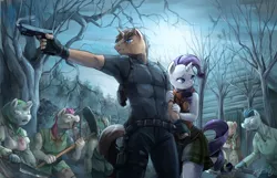 Size: 3344x2149 | Tagged: semi-grimdark, artist:audrarius, derpibooru import, rarity, oc, oc:sketch pad, anthro, zombie, ashley graham, breasts, canon x oc, capcom, clothes, crossover, forest, gun, image, jpeg, leon s. kennedy, night, pistol, resident evil, resident evil 4, weapon, wide hips