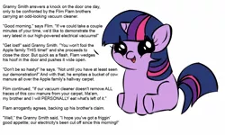 Size: 999x600 | Tagged: derpibooru import, eat shit, exploitable meme, filly twilight sparkle, filly twilight telling an offensive joke, flam, flim, flim flam brothers, granny smith, meme, obligatory pony, poop, poop eating, scat, solo, suggestive, twilight sparkle, vulgar