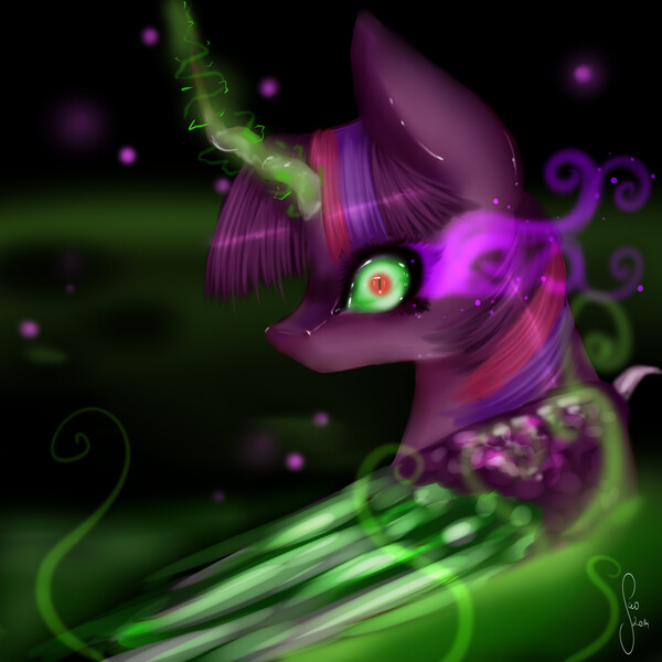 Size: 2000x2000 | Tagged: safe, artist:saoiirse, derpibooru import, twilight sparkle, twilight sparkle (alicorn), alicorn, pony, corrupted, crystal wings, dark magic, element of fear, elements of power, evil, female, magic, mare, portrait, solo, sombra eyes