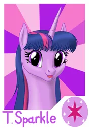 Size: 1119x1600 | Tagged: safe, artist:vasillium, derpibooru import, twilight sparkle, pony, unicorn, bust, cute, cutie mark, female, looking at you, open mouth, portrait, smiling, solo, sunburst background, unicorn twilight