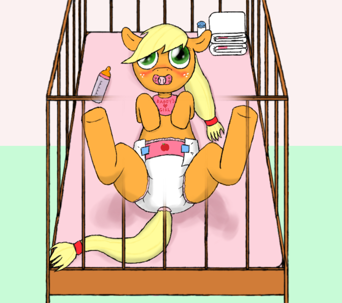 Size: 1000x885 | Tagged: adult foal, applejack, artist:clickerofcookies, baby bottle, bib, crib, dead source, derpibooru import, diaper, diaper fetish, on back, pacifier, questionable, solo, underhoof