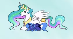 Size: 1134x610 | Tagged: artist:plasters-ponies, artist:ponygoggles, derpibooru import, filly, princess celestia, princess luna, s1 luna, safe, simple background, sleeping, woona