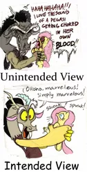 Size: 634x1260 | Tagged: grimdark, artist:mickeymonster, derpibooru import, discord, fluttershy, draconequus, pegasus, pony, squeezin' it, blood, female, flutterbuse, male, mare