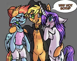 Size: 929x734 | Tagged: safe, derpibooru import, applejack, rainbow dash, rarity, anthro, appledash, arm hooves, female, lesbian, raridash, rarijack, rarijackdash, shipping, why not both