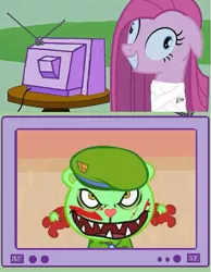 Size: 581x749 | Tagged: blood, derpibooru import, exploitable meme, flippy, grimdark, happy tree friends, meme, obligatory pony, pinkamena diane pie, pinkie pie, tv meme