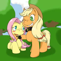 Size: 1024x1030 | Tagged: applejack, appleshy, artist:thepiplup, blushing, collar, derpibooru import, female, fluttershy, grass, lesbian, safe, shipping, tree