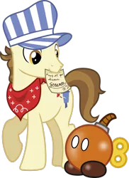 Size: 1600x2199 | Tagged: safe, artist:chainchomp2, derpibooru import, steamer, earth pony, pony, autograph, background pony, bob-omb, bub, crossover, hat, male, neckerchief, paper mario, paper mario: the thousand year door, simple background, stallion, super mario bros., transparent background, vector