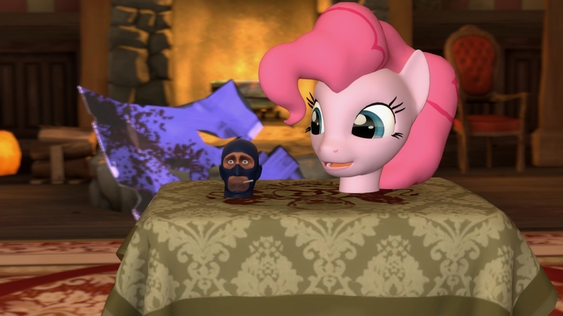 Size: 1366x768 | Tagged: semi-grimdark, artist:fezwearingdoctor, derpibooru import, pinkie pie, human, pony, 3d, axe, blood, decapitated, disembodied head, fate worse than death, female, gibs, gmod, male, severed head, spy, team fortress 2