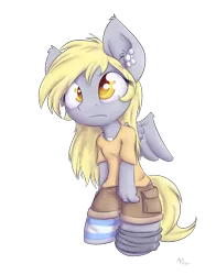 Size: 1100x1400 | Tagged: anthro, artist:alasou, clothes, derpibooru import, derpy hooves, ear fluff, frown, mismatched socks, safe, shorts, solo, thigh highs